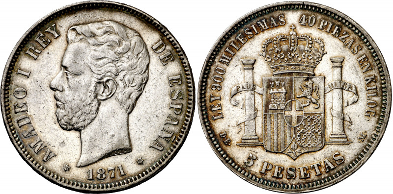 1871*1875. Amadeo I. DEM. 5 pesetas. (AC. 7). Leves golpecitos. Preciosa pátina....
