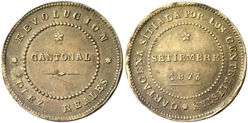 1873. Revolución Cantonal. Cartagena. 10 reales. (AC. 3). Acuñada en latón. Golp...