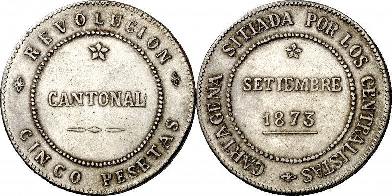1873. Revolución Cantonal. Cartagena. 5 pesetas. Falsa de época en plata, 92 per...
