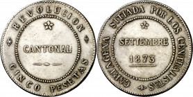 1873. Revolución Cantonal. Cartagena. 5 pesetas. Falsa de época en plata, 92 perlas en anverso y 85 en reverso. Rayitas. Rara. 26,41 g. MBC.