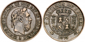1875. Carlos VII, Pretendiente. Oñate. 5 céntimos. (AC. 3). Reverso girado. Escasa. 4,76 g. MBC+.