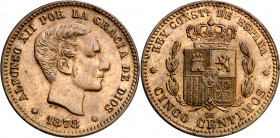 1878. Alfonso XII. Barcelona. OM. 5 céntimos. (AC. 5). Atractiva. 4,98 g. EBC.