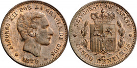 1879. Alfonso XII. Barcelona. OM. 5 céntimos. (AC. 6). Parte de brillo original. 4,93 g. EBC-.