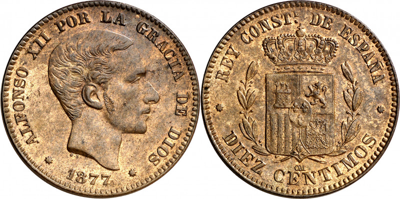 1877. Alfonso XII. Barcelona. OM. 10 céntimos. (AC. 8). Pabellón de la oreja ray...