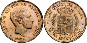 1879. Alfonso XII. Barcelona. OM. 10 céntimos. (AC. 10). Escasa así. 9,92 g. EBC+/EBC.