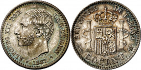 1881*81. Alfonso XII. MSM. 50 céntimos. (AC. 12). Bella. Preciosa pátina. 2,50 g. S/C-.