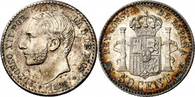 1885*86. Alfonso XII. MSM. 50 céntimos. (AC. 14). Bella. Brillo original. 2,47 g. EBC+.