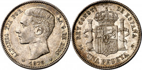 1876*1876. Alfonso XII. DEM. 1 peseta. (AC. 15). Mínimas rayitas. Preciosa pátina. Brillo original. Rara así. 4,96 g. EBC+/EBC.