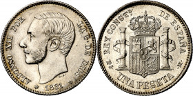 1881*1881. Alfonso XII. MSM. 1 peseta. (AC. 17). Leves rayitas. Bella. Rara así. 4,90 g. EBC.