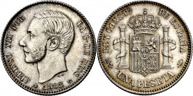 1882*1882. Alfonso XII. MSM. 1 peseta. (AC. 20). Leves marquitas. Bella. Bonita pátina. Rara así. 4,95 g. EBC+.