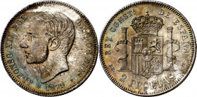 1879*1879. Alfonso XII. EMM. 2 pesetas. (AC. 26). Leves rayitas. Pátina. Bella. Escasa así. 9,94 g. EBC-/EBC.