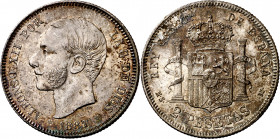 1881*1881. Alfonso XII. MSM. 2 pesetas. (AC. 28). Pátina irregular. Bella. Escasa así. 10 g. EBC.