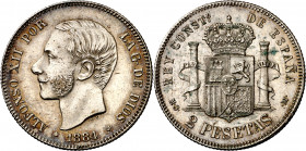 1884*1-84. Alfonso XII. MSM. 2 pesetas. (AC. 34). Leves marquitas. Atractiva. Escasa así. 9,96 g. EBC.