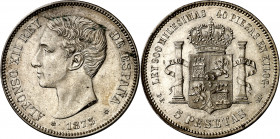 1875*1875. Alfonso XII. DEM. 5 pesetas. (AC. 35). Leves marquitas. Atractiva. 24,97 g. EBC-/EBC.