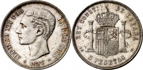 1877*1877. Alfonso XII. DEM. 5 pesetas. (AC. 38). Leves rayitas. Bella. Escasa así. 24,90 g. EBC.