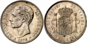 1878*1878. Alfonso XII. EMM. 5 pesetas. (AC. 41). Leves marquitas. Bella. Parte de brillo original. Escasa así. 24,98 g. EBC-.