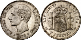 1879*1879. Alfonso XII. EMM. 5 pesetas. (AC. 42). Golpecitos. Limpiada. 24,87 g. MBC+.