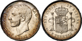 1883*1883. Alfonso XII. MSM. 5 pesetas. (AC. 55). Leves golpecitos. Bonita pátina. Escasa así. 24,89 g. EBC-.