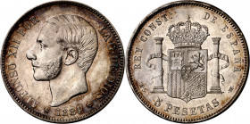 1884*1884. Alfonso XII. MSM. 5 pesetas. (AC. 57). Leves marquitas. Preciosa pátina. Escasa así. 24,90 g. EBC.