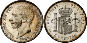 1885*1885. Alfonso XII. MSM. 5 pesetas. (AC. 60). Leves rayitas. Bella. Parte de brillo original. Rara así. 24,97 g. EBC/EBC+.