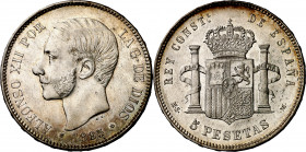 1885*1886. Alfonso XII. MSM. 5 pesetas. (AC. 61). Bella. Leves rayitas. Bonita pátina. Escasa así. 24,82 g. EBC/EBC-.