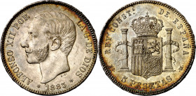 1885*1887. Alfonso XII. MSM. 5 pesetas. (AC. 62). Bella. Preciosa pátina. Escasa así. 24,90 g. EBC.