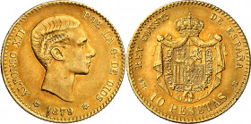 1879*1879. Alfonso XII. EMM. 10 pesetas. (AC. 66). Bonito color. Rara y más así. 3,20 g. MBC+.