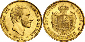 1882/1*1882. Alfonso XII. MSM. 25 pesetas. (AC. 84). Leves golpecitos. Parte de brillo original. Rara. 8,05 g. EBC-/EBC.