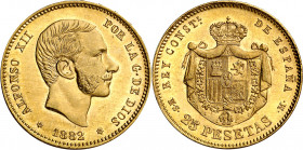 1882*1882. Alfonso XII. MSM. 25 pesetas. (AC. 85). Mínimas rayitas. Brillo original. Rara. 8,05 g. EBC.