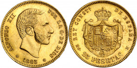 1883*1883. Alfonso XII. MSM. 25 pesetas. (AC. 87). Brillo original. Rara. 8,07 g. EBC.