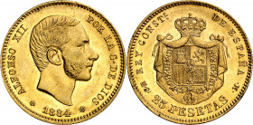 1884*1884. Alfonso XII. MSM. 25 pesetas. (AC. 89). Bella. Brillo original. Rara así. 8,03 g. EBC/EBC+.