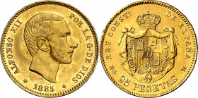 1885*1886. Alfonso XII. MSM. 25 pesetas. (AC. 91). Golpecitos. Atractiva. Parte de brillo original. Rarísima. 8,04 g. EBC/EBC-.
