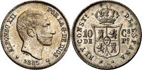 1885. Alfonso XII. Manila. 10 centavos. (AC. 102). Mínimo golpecito. Muy bella. Brillo original. 2,56 g. S/C-.