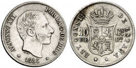 1885. Alfonso XII. Manila. 10 centavos. (AC. 102). El primer 8 y el 5 de la fecha acuñados dos veces. Rayitas en reverso. 2,58 g. EBC.