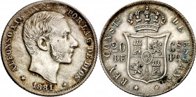 1881. Alfonso XII. Manila. 20 centavos. (AC. 105). Golpecito. Buen ejemplar. 5,09 g. MBC+.