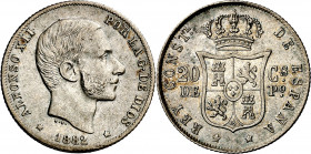 1882. Alfonso XII. Manila. 20 centavos. (AC. 107). Leves rayitas. Buen ejemplar. 5,22 g. MBC+.