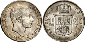 1884. Alfonso XII. Manila. 20 centavos. (AC. 110). Rayitas. Preciosa pátina. Parte de brillo original. Rara y más así. 4,85 g. EBC-/EBC.