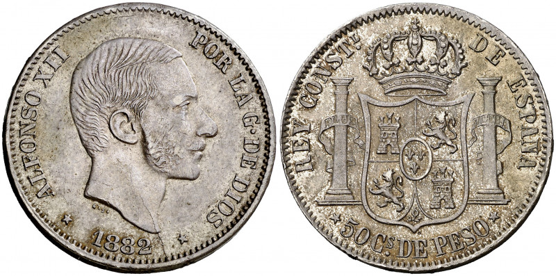 1882. Alfonso XII. Manila. 50 centavos. (AC. 118). Bella. Preciosa pátina. Ex Co...