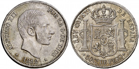 1882. Alfonso XII. Manila. 50 centavos. (AC. 118). Bella. Preciosa pátina. Ex Colección Bohol 08/11/2017, nº 1313. Rara así. 13 g. EBC-.
