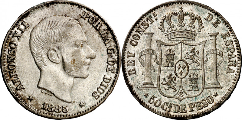 1885. Alfonso XII. Manila. 50 centavos. (AC. 124). Bella. Brillo original. 12,93...