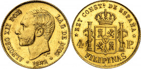 1882. Alfonso XII. Manila. 4 pesos. (AC. 127). Mínimas hojitas. Parte de brillo original. Muy escasa. 6,77 g. MBC+/EBC-.