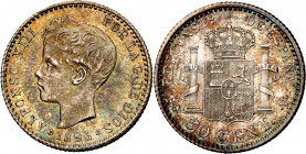 1896*96. Alfonso XIII. PGV. 50 céntimos. (AC. 44). Bella pátina. Escasa y más así. 2,40 g. EBC+.