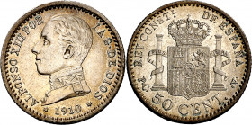 1910*10. Alfonso XIII. PCV. 50 céntimos. (AC. 48). Brillo original. 2,51 g. EBC+.