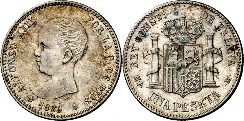 1889*1889. Alfonso XIII. MPM. 1 peseta. (AC. 52). Rayita. Escasa. 4,95 g. MBC+/M...