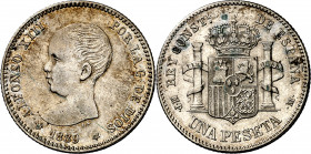1889*1889. Alfonso XIII. MPM. 1 peseta. (AC. 52). Rayita. Escasa. 4,95 g. MBC+/MBC.
