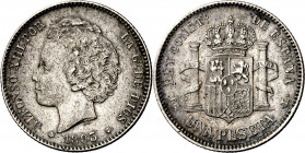 1893*1893. Alfonso XIII. PGL. 1 peseta. (AC. 54). Buen ejemplar. Escasa así. 4,96 g. MBC+.