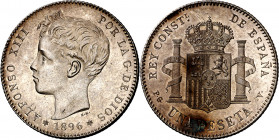 1896*1896. Alfonso XIII. PGV. 1 peseta. (AC. 56). Rayitas. Brillo original. 4,97 g. EBC+.