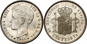 1899*1899. Alfonso XIII. SGV. 1 peseta. (AC. 57). Leves marquitas. Bella. Brillo original. 5,04 g. EBC+.