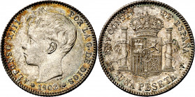 1902*1902. Alfonso XIII. SMV. 1 peseta. (AC. 64). Leves rayitas. Bella. Brillo original. Escasa. 4,99 g. EBC.