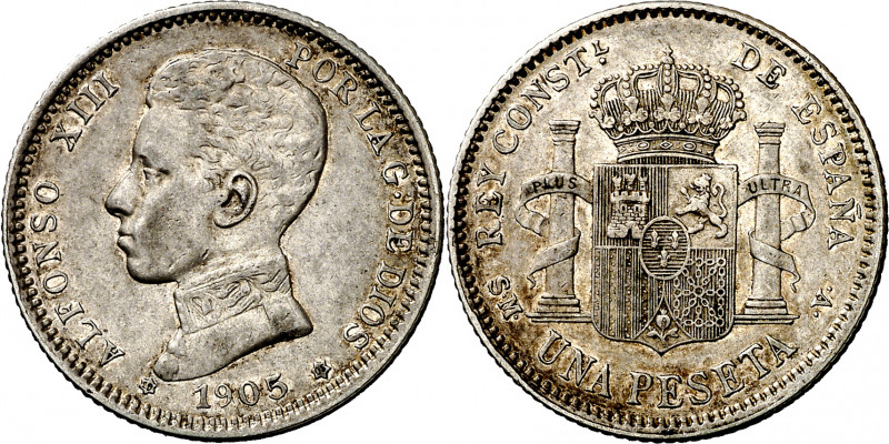 1905*1905. Alfonso XIII. SMV. 1 peseta. (AC. 70). Parte de brillo original. Esca...